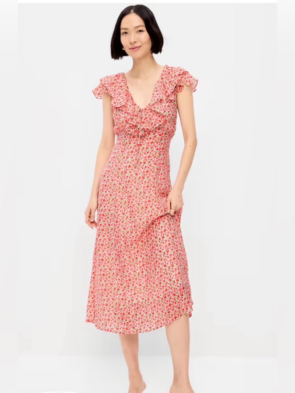 Floral Ruffle V-Neck Midi Dress - Pink